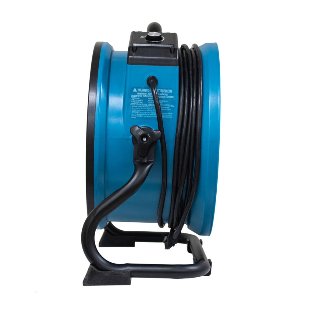 Blue x-34ar industrial fan with black cable on a white background
