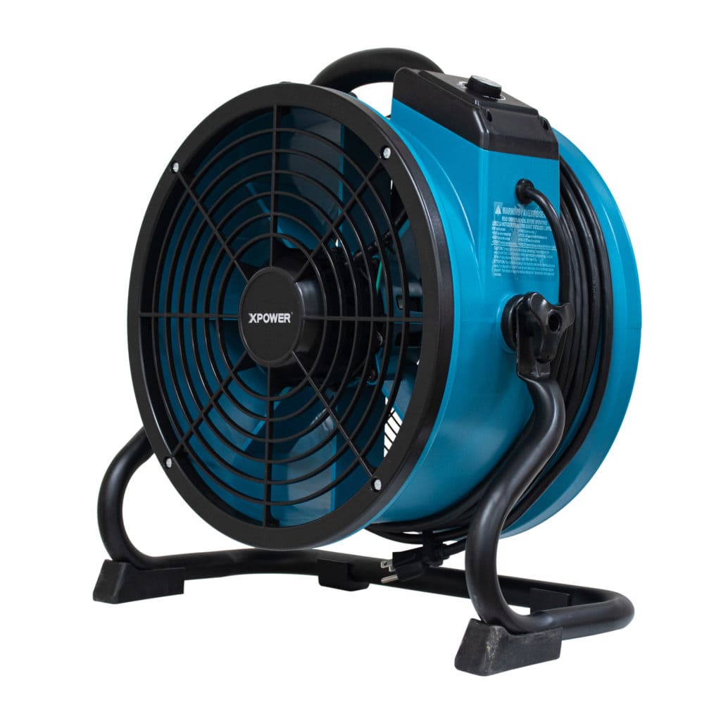 Blue x-34ar industrial fan with black accents on a white background