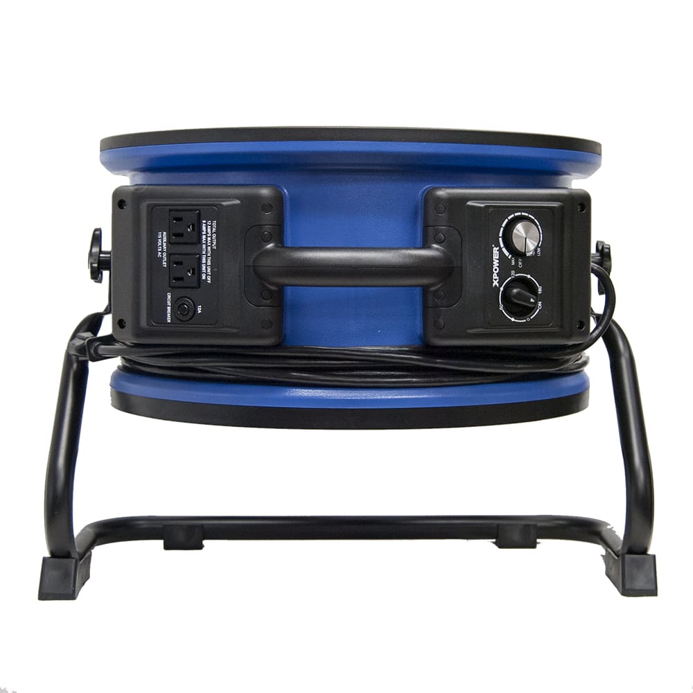 x-48atr Blue and black industrial fan with visible wiring on a white background
