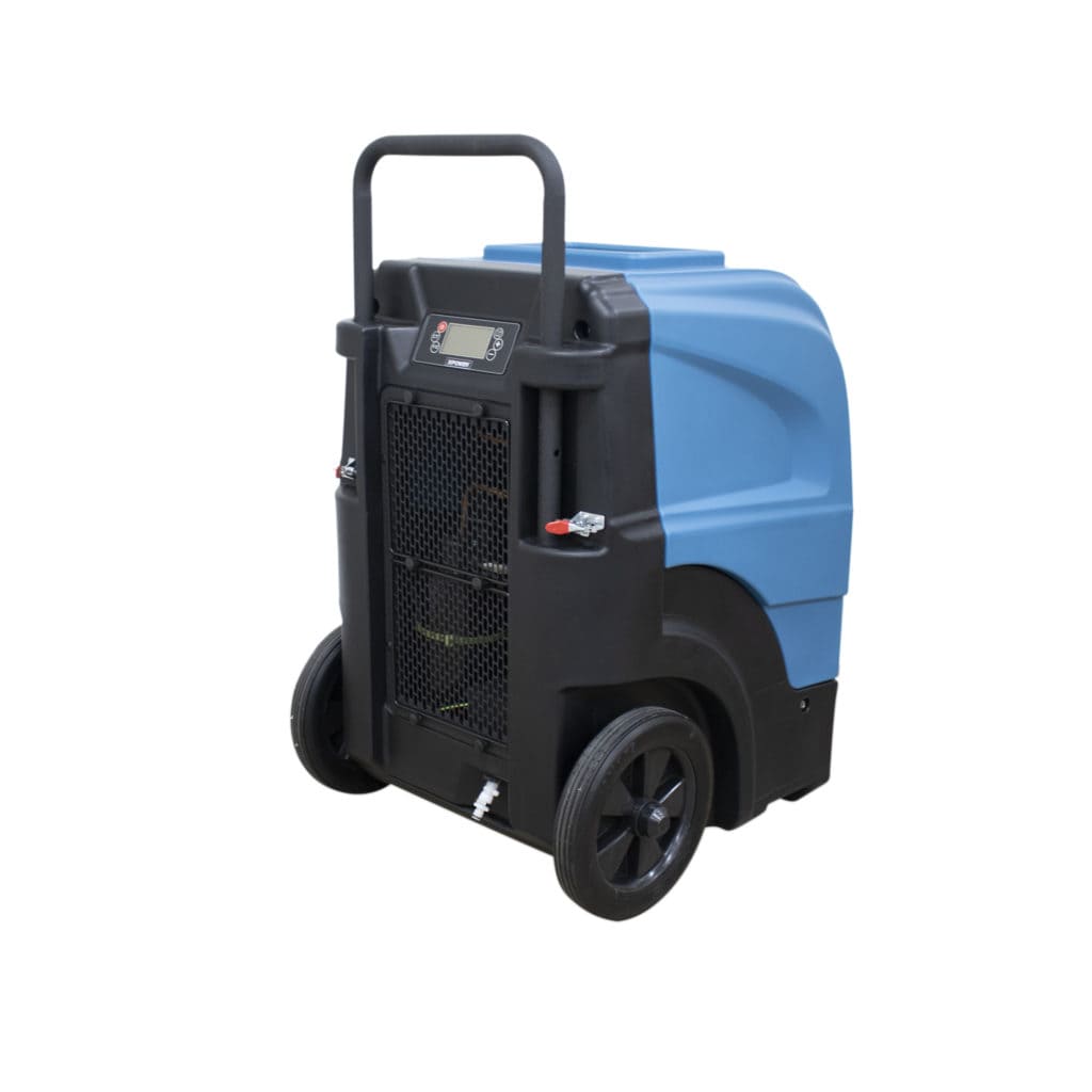 Blue and black xpower 165L dehumidifier on a white background
