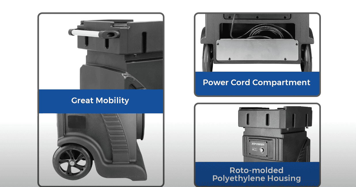 portability for XPOWER AP-1800D HEPA Filtration System, with power cord compartment