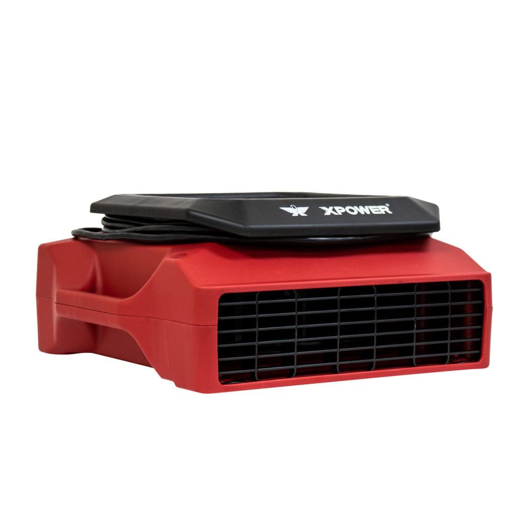 A red and black XPOWER PL-700A Professional Low Profile Air Mover designed for floor drying and air circulation.