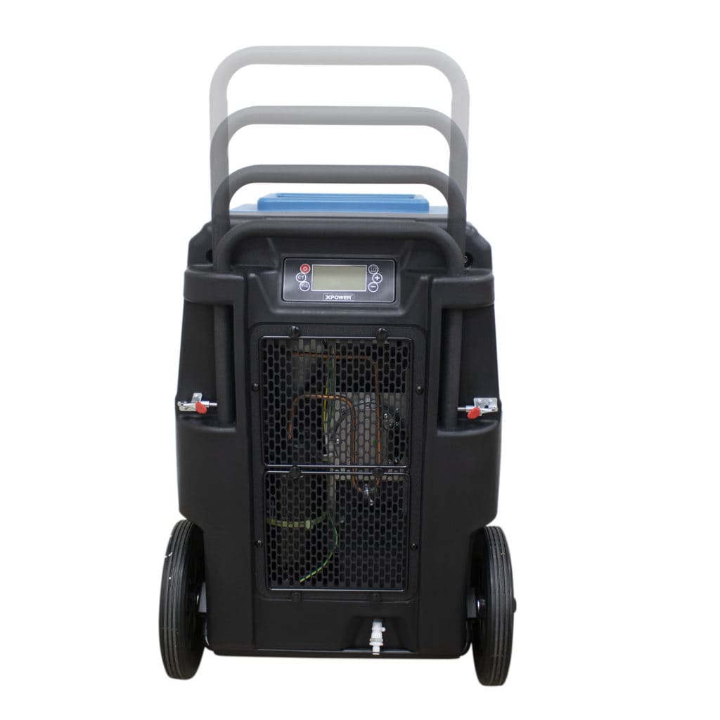 Black xpower xd 165L industrial with wheels and a digital display on a white background