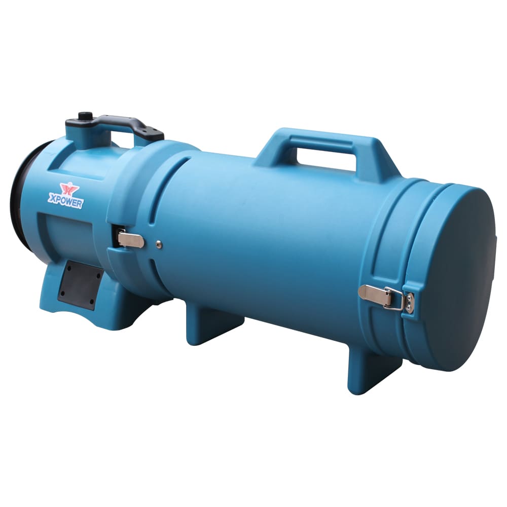 Blue cylindrical device with XPOWER branding on a white background