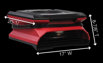Red and black Phoenix AirMax Radial Air Mover with measurements on a black background