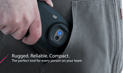 Person holding a rugged Flir c5 device in their pocket with text 'Rugged. Reliable. Compact.'