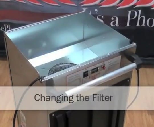 PHOENIX D385 Portable Desiccant Dehumidifier showing filter change process