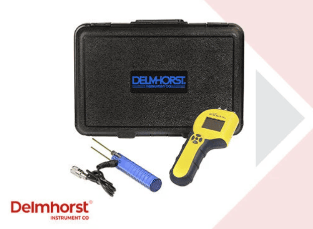 Delmhorst techcheck plus package with black case, yellow and black device, and blue probe on a white background.