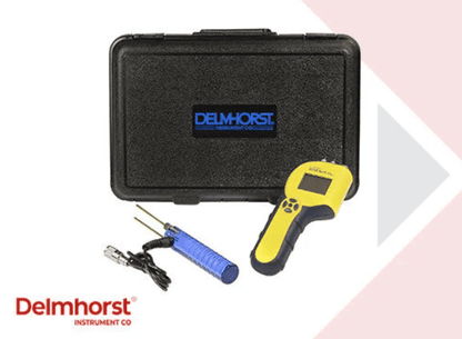 Delmhorst techcheck plus package with black case, yellow and black device, and blue probe on a white background.