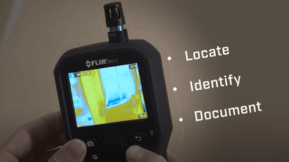 FLIR MR227 TOOL Thermographic camera held by a person with text 'Locate, Identify, Document' on a dark background