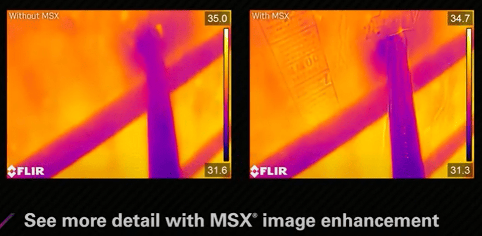 Flir MR265 Thermal imaging comparison with and without MSX image enhancement, showing a hand and object.