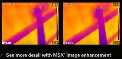 Flir MR265 Thermal imaging comparison with and without MSX image enhancement, showing a hand and object.