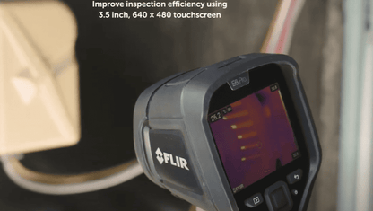FLIR e6 thermal imaging device with touchscreen interface on a blurred background