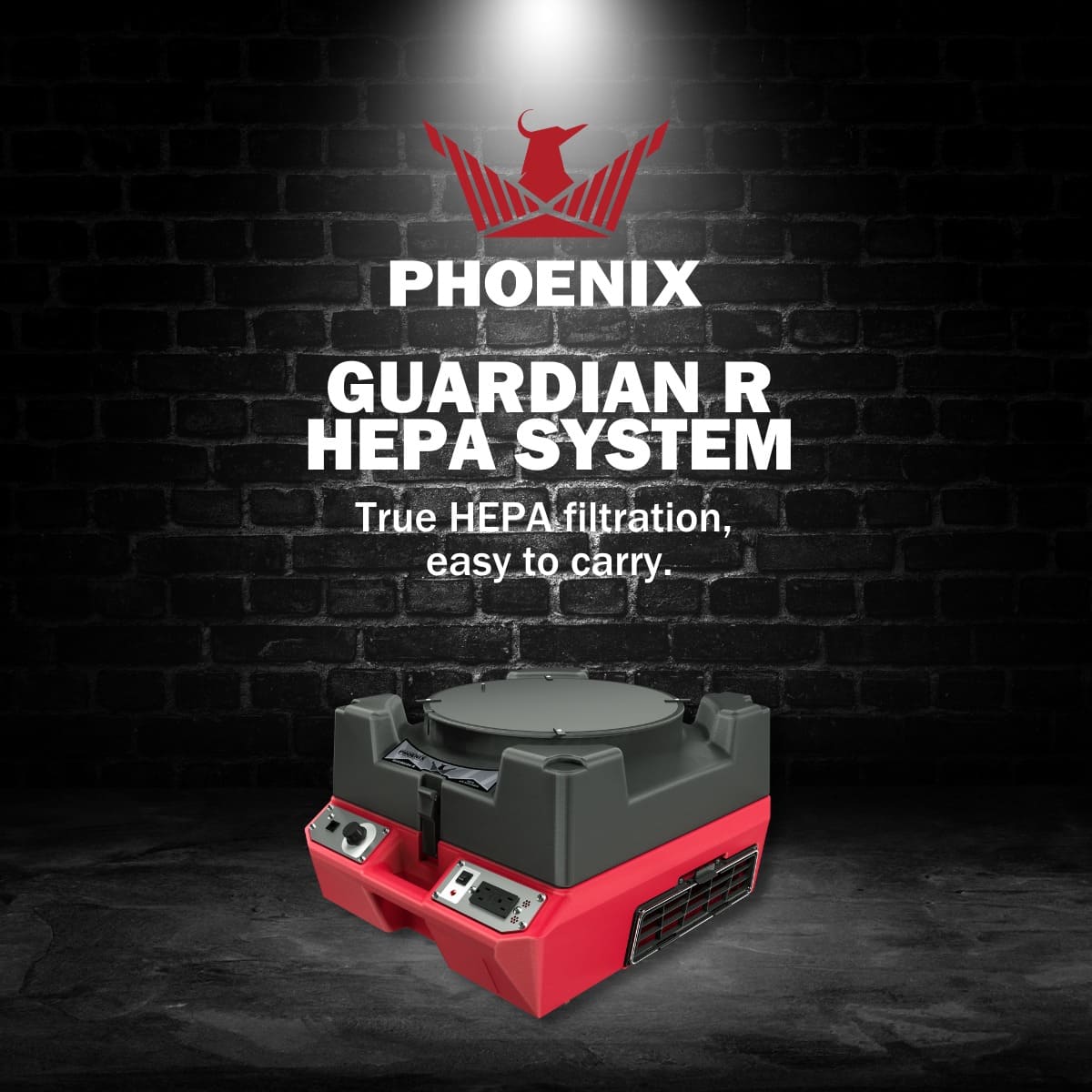 Phoenix Guardian R HEPA System with brand logo and product description on a dark brick wall background.