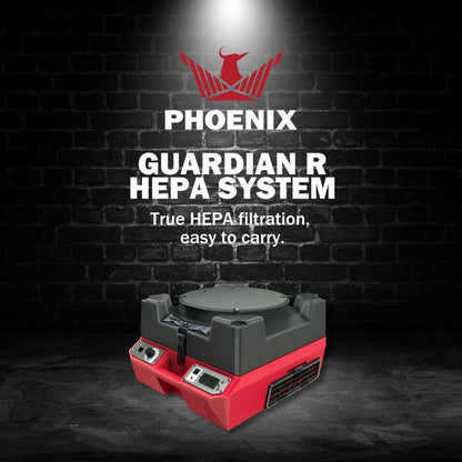 Phoenix Guardian R HEPA System with brand logo and product description on a dark brick wall background.