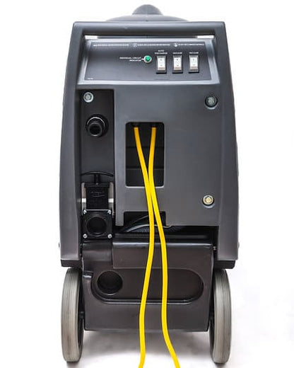 Back view of Kleenrite Mega 3 flood extractor with wheels and a yellow cable on a white background