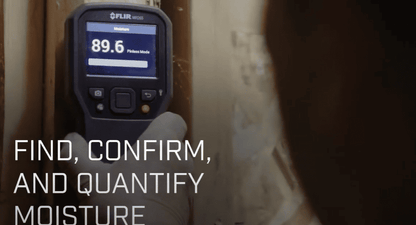 Moisture meter MR265 displaying a reading with text 'Find, confirm, and quantify moisture' on a blurred background.