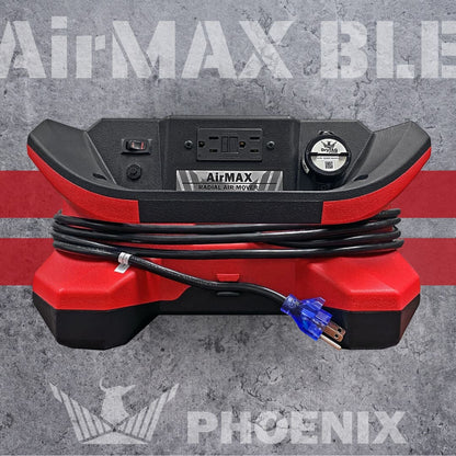 Red and black BLE AirMax Phoenix Radial Air Mover with 'AirMAX' branding on a gray background