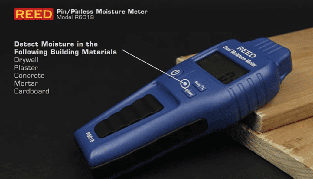 REED R6018-KIT Blue REED pinless moisture meter on a wooden surface with text detailing its features.