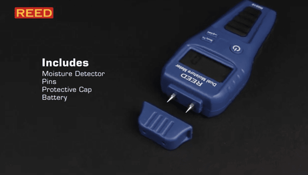 REED R6018-KIT 
Blue moisture detector with components on a black background, featuring the REED brand.