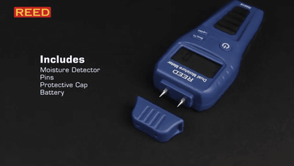 REED R6018-KIT 
Blue moisture detector with components on a black background, featuring the REED brand.