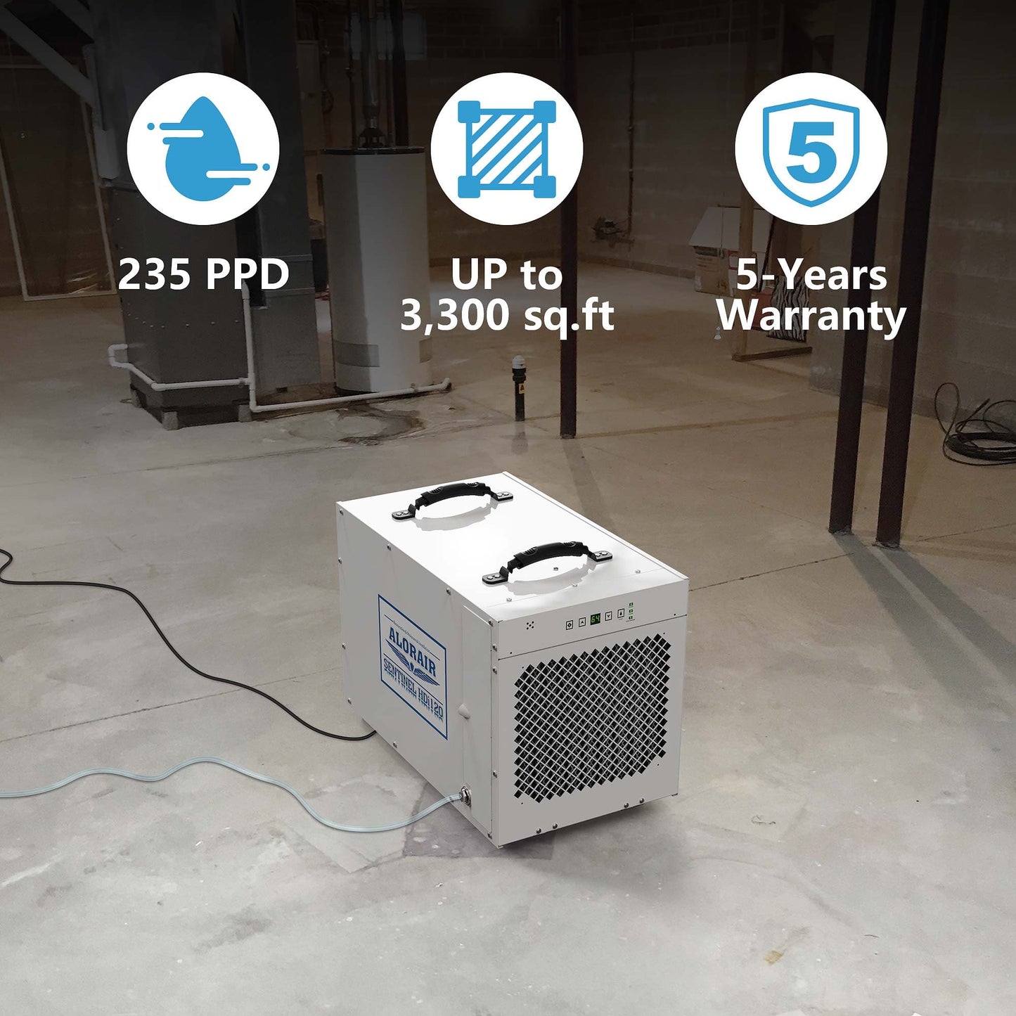 HDi100 Commercial Dehumidifier in a room with specifications displayed on screen
