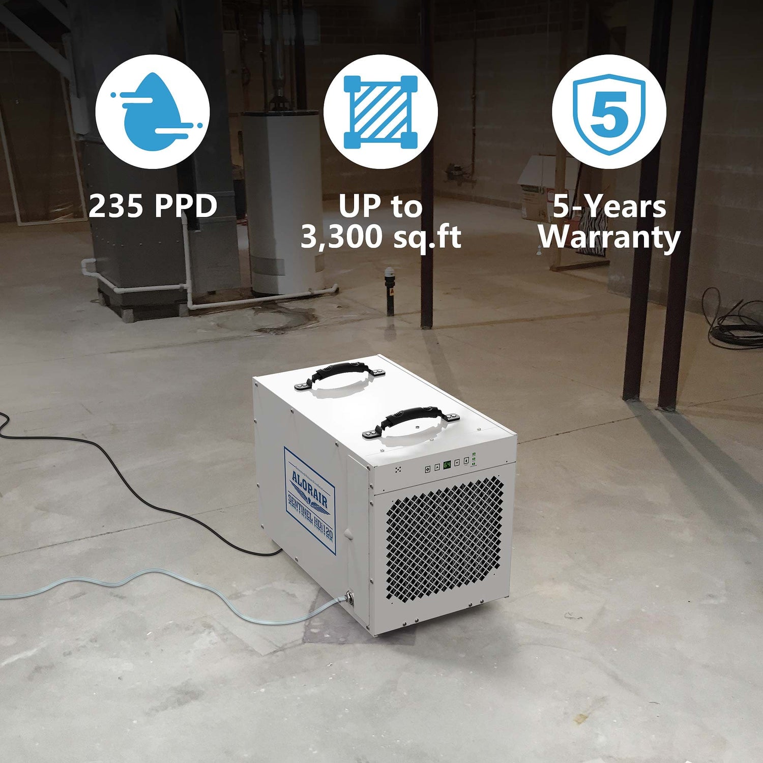 HDi100 Commercial Dehumidifier in a room with specifications displayed on screen