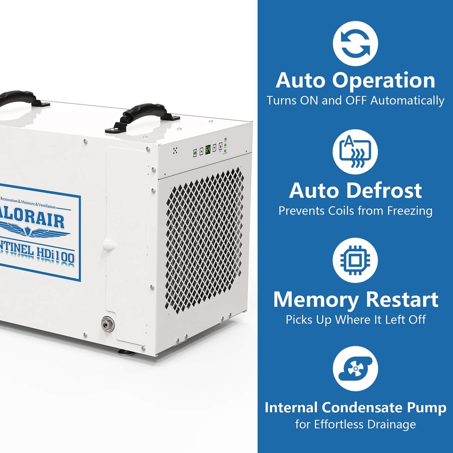 WhiteAlorAir Sentinel HDi100 Commercial Dehumidifier unit with blue feature list on a white background