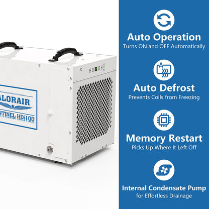 WhiteAlorAir Sentinel HDi100 Commercial Dehumidifier unit with blue feature list on a white background
