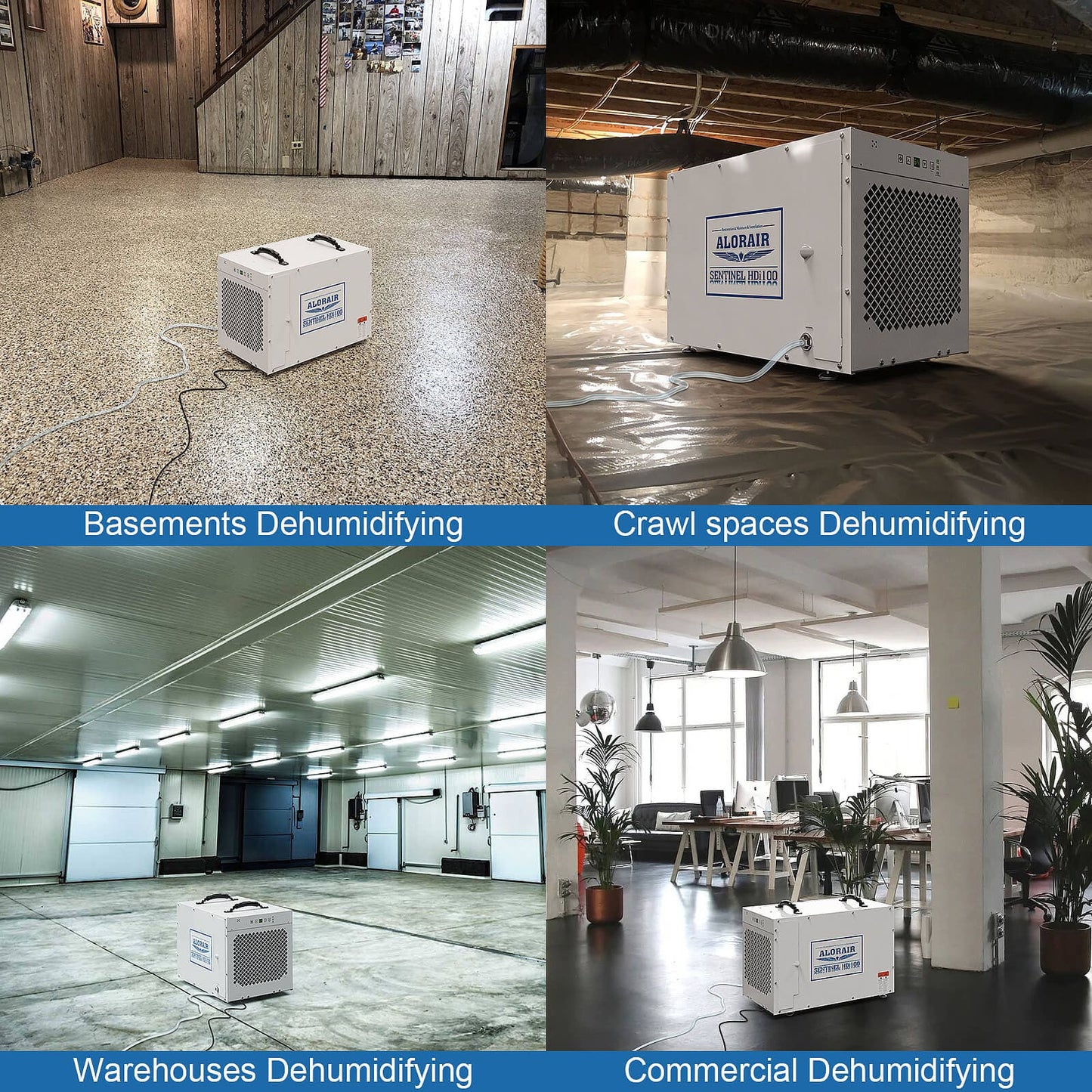 Collage of HDi100 Commercial Dehumidifier in different settings including basements, crawl spaces, warehouses, and a commercial office.
