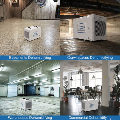 Collage of HDi100 Commercial Dehumidifier in different settings including basements, crawl spaces, warehouses, and a commercial office.