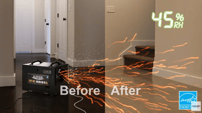 Before and after comparison of a Sentinel HDi65S Dehumidifier dehumidifier in a room with visible moisture removal effects.