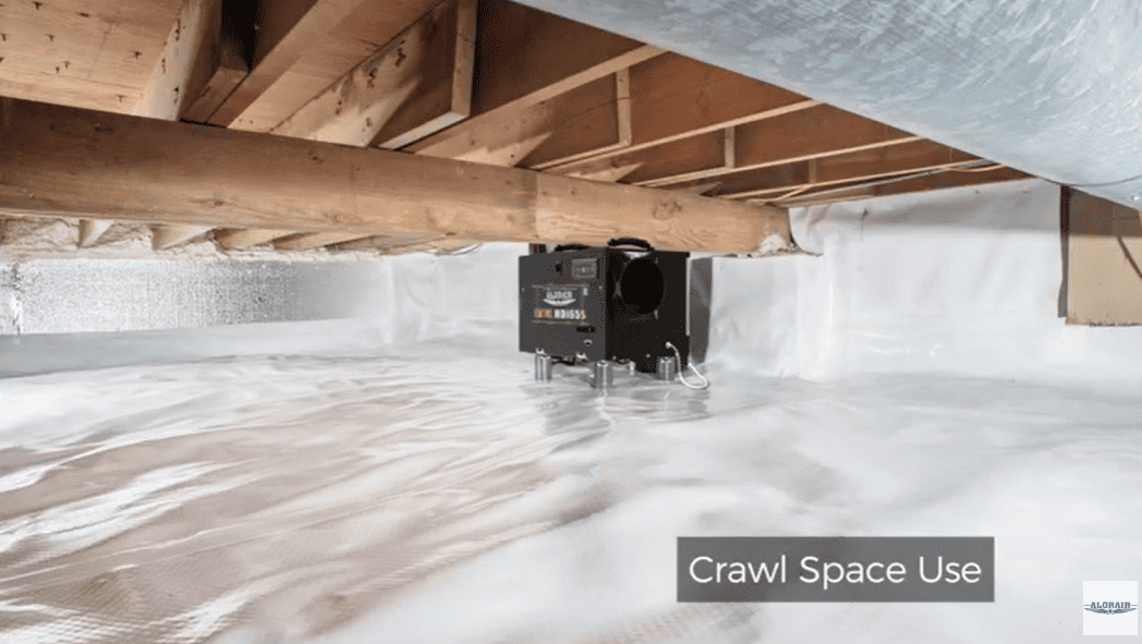 Sentinel HDi65S Conventional Dehumidifier at Crawl space with insulation and a vent, labeled 'Crawl Space Use'.