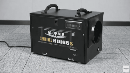Black AlorAir Sentinel HDi65S Conventional Dehumidifier with 'AloAir' branding on a gray floor.