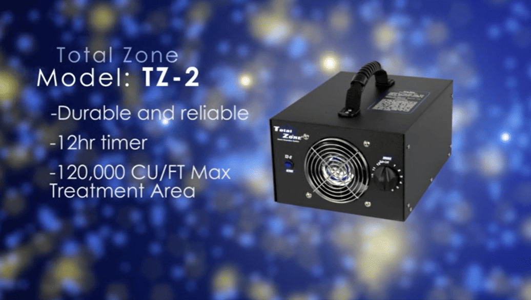 Black ozone machine labeled 'Total Zone Model: TZ-2' on a blue background with text detailing features.