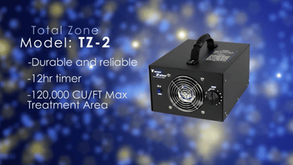 Black ozone machine labeled 'Total Zone Model: TZ-2' on a blue background with text detailing features.