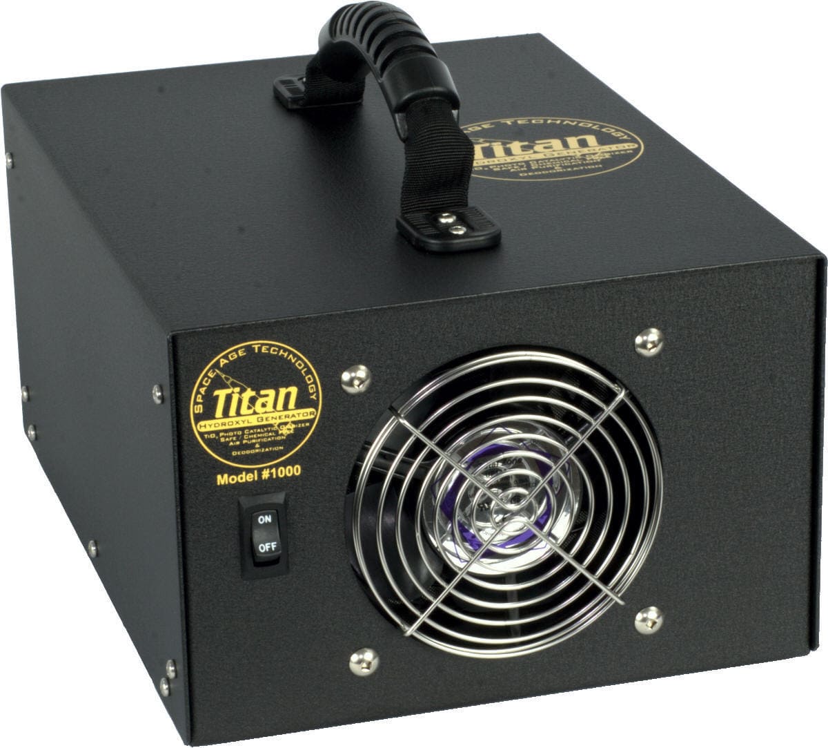 Black electronic device with a fan and Titan logo on a white background