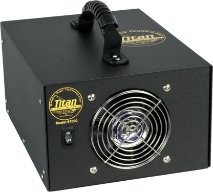 Black electronic device with a fan and Titan logo on a white background