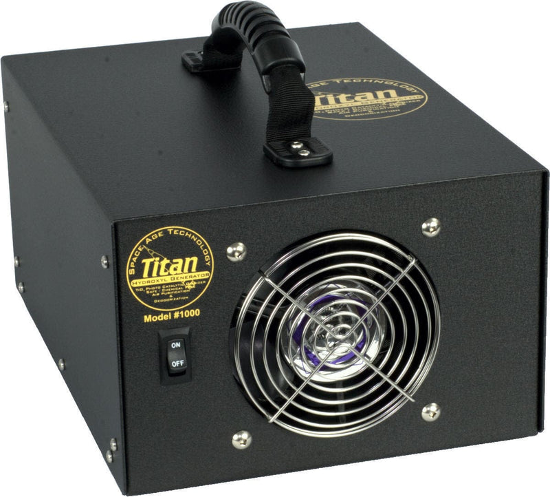 Black electronic device with a fan and Titan logo on a white background