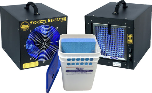 Titan Hydroxyl Generator with a blue light display and a white container on a white background