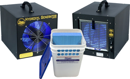 Titan Hydroxyl Generator with a blue light display and a white container on a white background