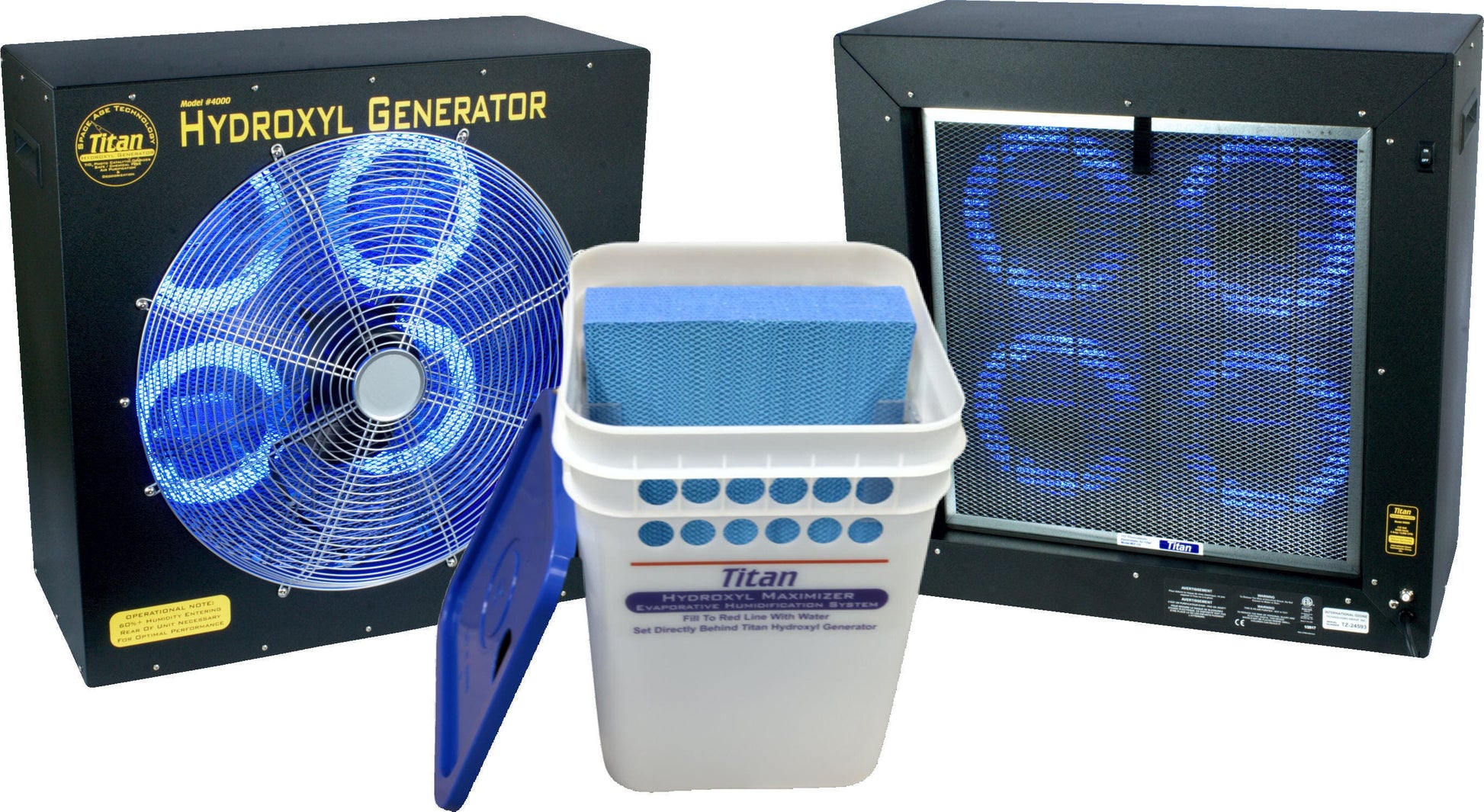 Titan 4000 Hydroxyl generator with fan and a bucket labeled 'Titan' on a white background