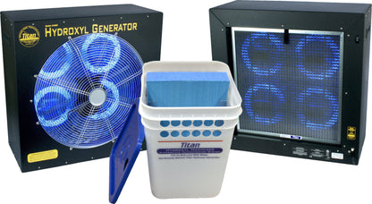 Titan 4000 Hydroxyl generator with fan and a bucket labeled 'Titan' on a white background