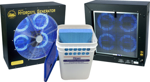 Titan 4000 Hydroxyl generator with fan and a bucket labeled 'Titan' on a white background