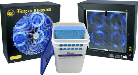 Titan 4000 Hydroxyl generator with fan and a bucket labeled 'Titan' on a white background