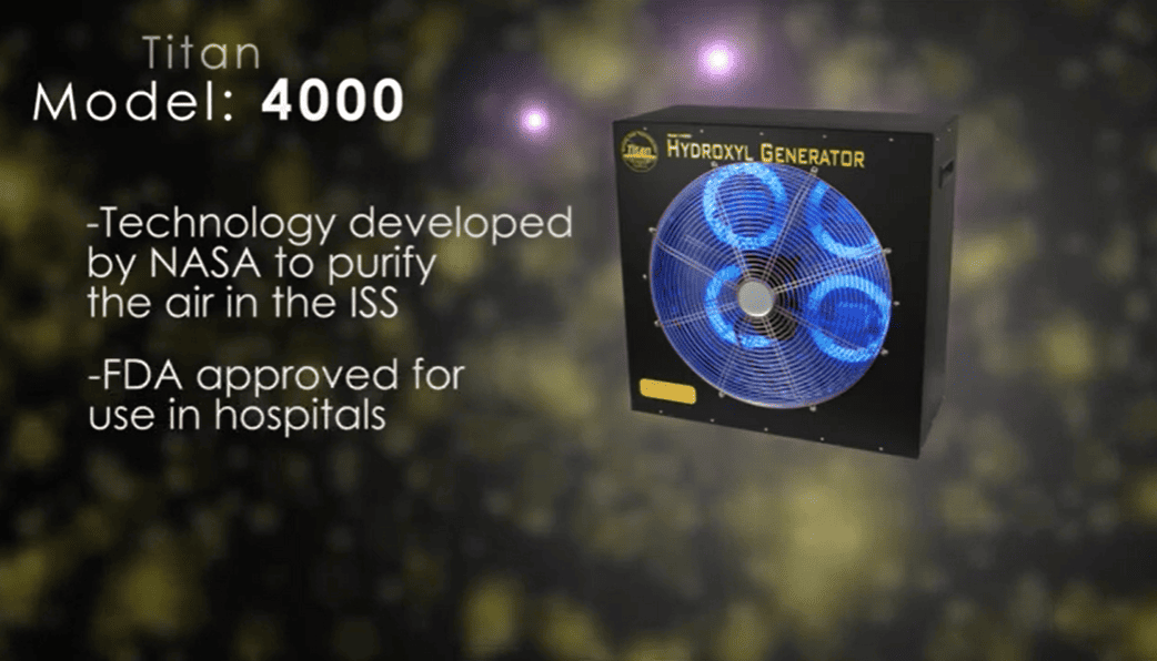 4000 Titan Hydroxyl generator with text about NASA development and FDA approval on a dark background