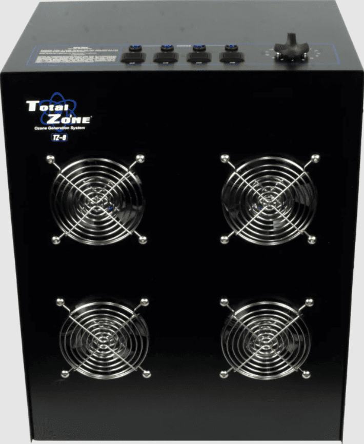 Black Total Zone TZ 8 ozone generator with four fans and control buttons on a white background