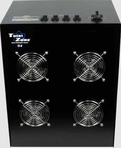 Black Total Zone TZ 8 ozone generator with four fans and control buttons on a white background