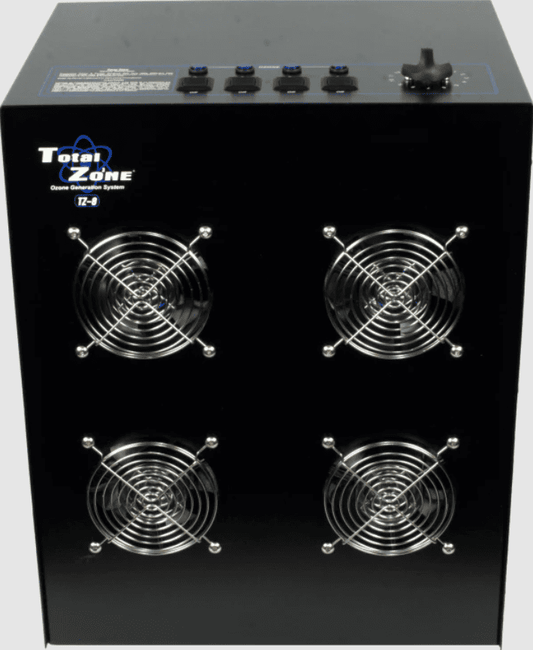 Black Total Zone TZ 8 ozone generator with four fans and control buttons on a white background