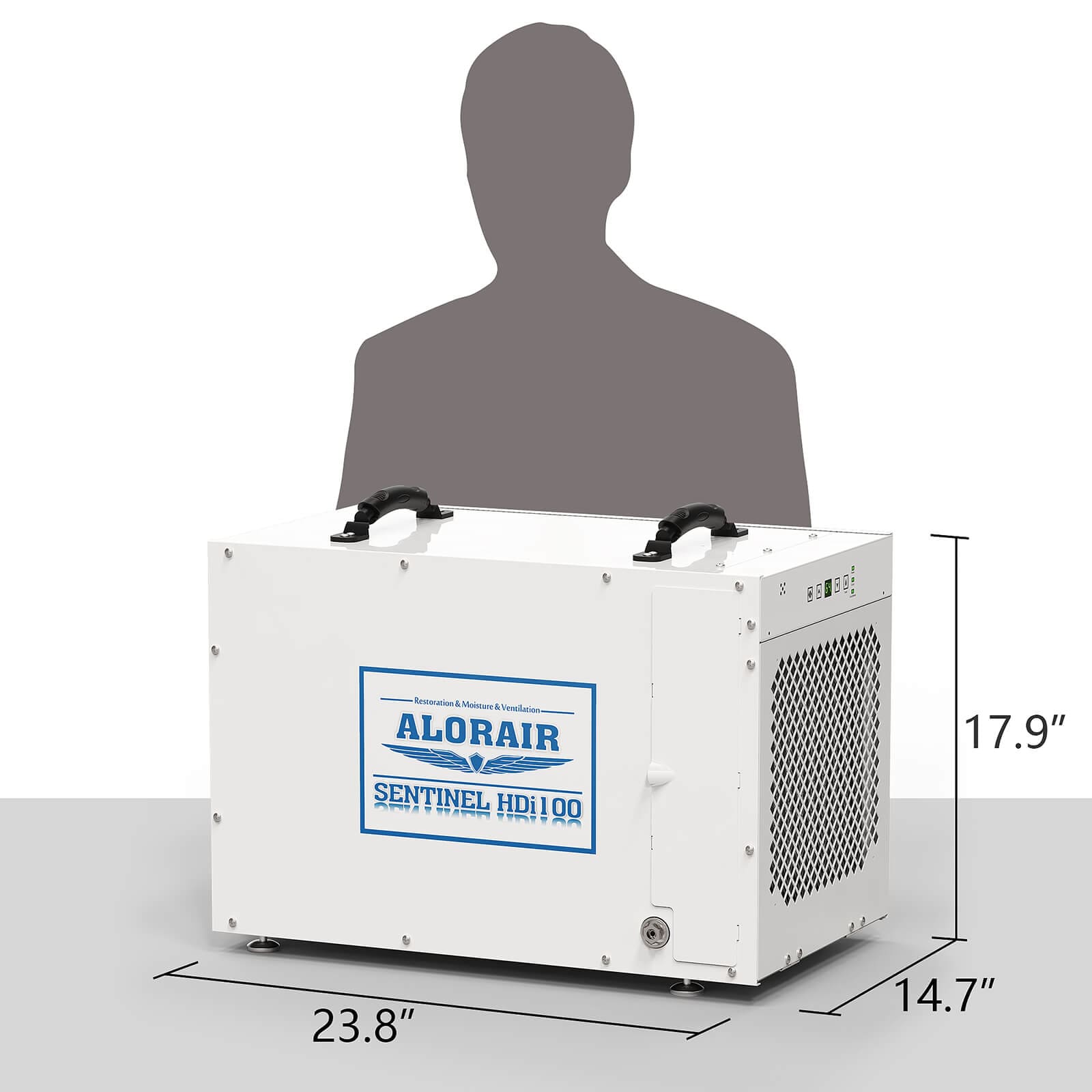 Alorair Sentinel HDi100 duhumidifier with dimensions and a silhouette for scale.